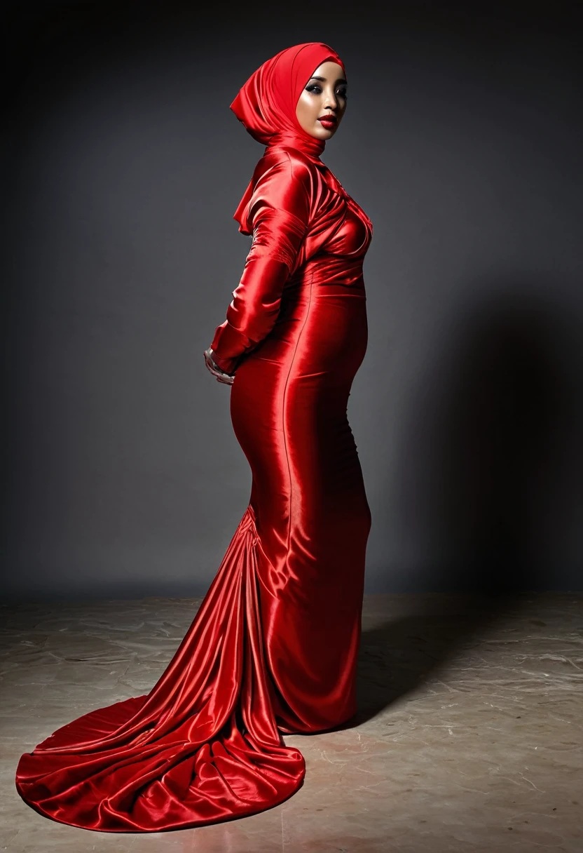 a woman covered in large red satin cloth, tied tight with the satin, mummified in satin, very long cloth, shape like mermaid gown, tight in leg, wearing a satin hijab, the satin cloth is very wide, forming the curve of the body, flowy dramatic train gown, strugle to move,full body,masterpice, 4k resolution, ultra-realistic, highly detail.