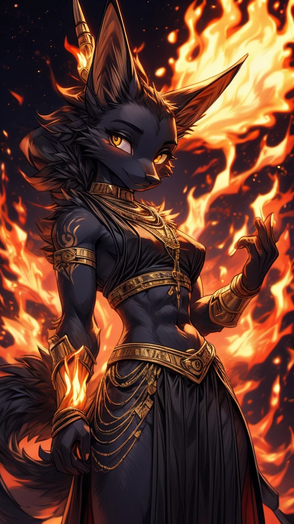 Masterpiece Best quality, the best definition to add aesthetic and lighting details Black girl jackal, egiptian clothes, teen girl, ,black body, ( the best definition in the body, good attributes, stylized body, slanted eyes, sensual look) egipt landscape, golden tattoo body, sensual eyes, yellow pupil, He has 2 kunai in his hands, battle pose, background fire add_detail
