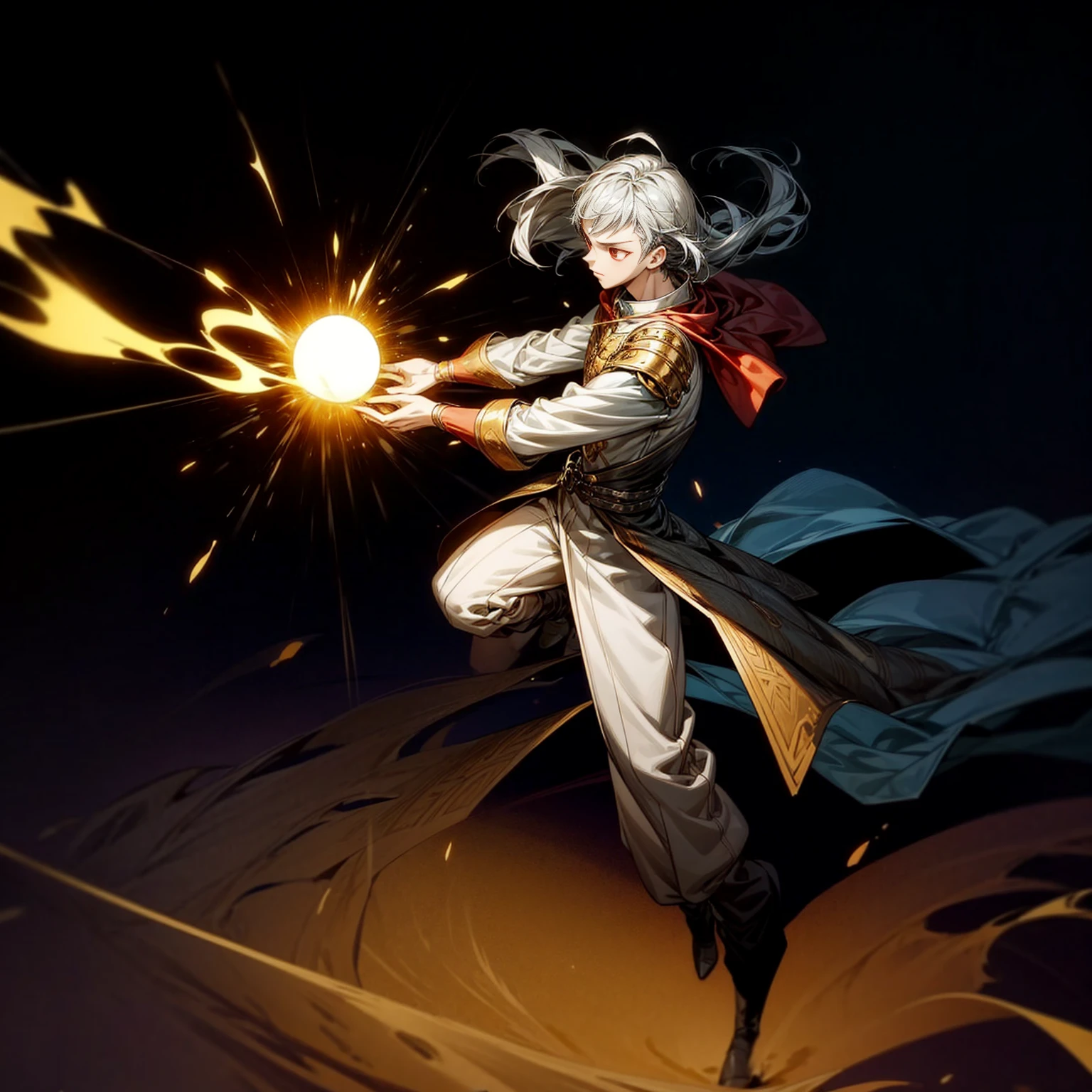 1boy, Full body version, 1character, red eyes, long haircut, silver colour hair, Ancient Roman clothing, Grassroots, full background in square Castleford, motion blur, lighting, (one piece art), standing gesture, boots, long pants, gold armors, 3ball fire, bigger ball flame on hand, smoke effect, Fire effect on background, plasma effect, blood on face, high angle view 