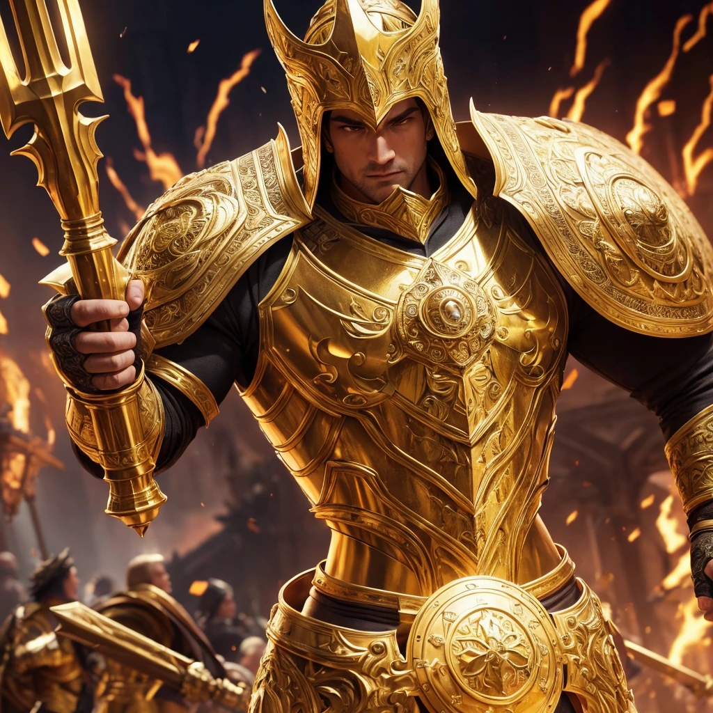 a powerful cleric man wearing a golden sacred armor, holding a heavy mace on a battlefield, extremely detailed hands, (best quality,4k,8k,highres,masterpiece:1.2),ultra-detailed,(realistic,photorealistic,photo-realistic:1.37),HDR,UHD,studio lighting,ultra-fine painting,sharp focus,physically-based rendering,extreme detail description,professional,vivid colors,epic battle scene,dramatic lighting,intricate armor details,muscular build,stern facial expression,glowing holy relic,fantasy medieval,cinematic composition