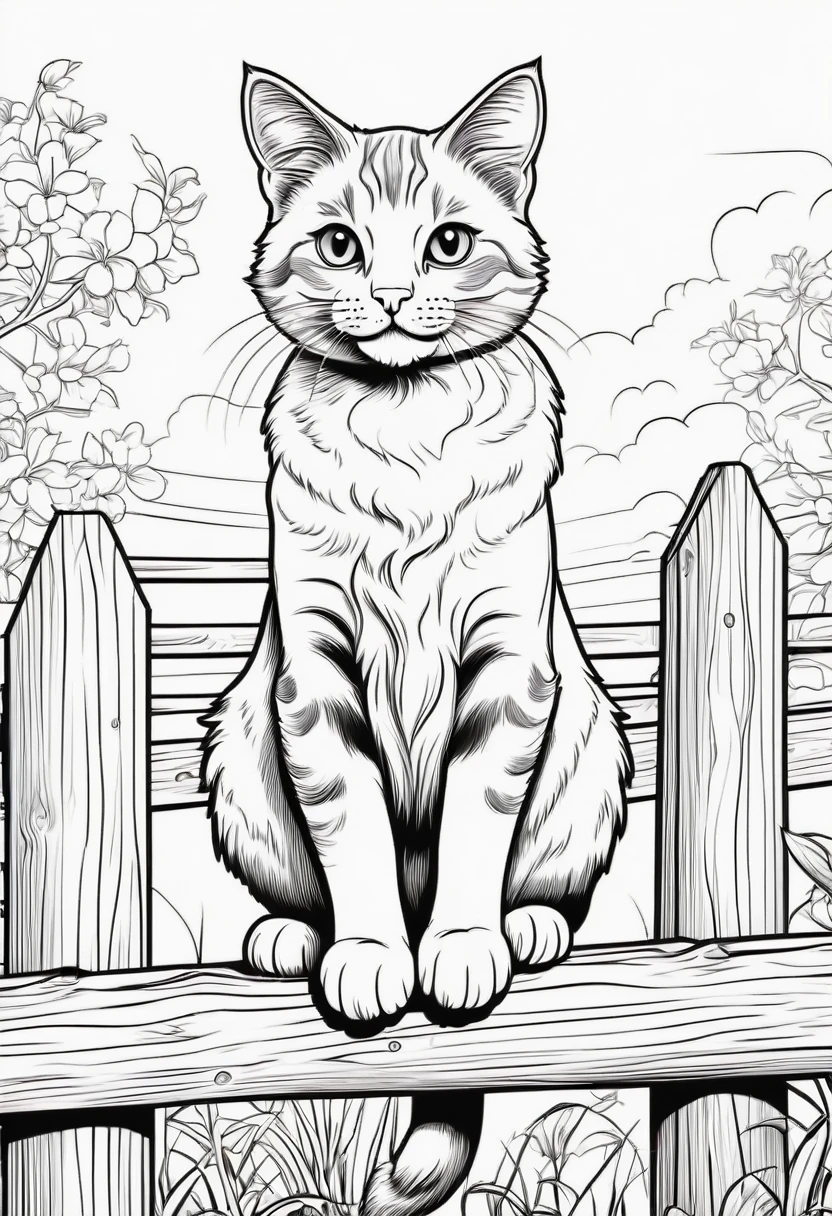 coloring page for kids, Farm cat sitting on a fence post, cartoon style, thick lines