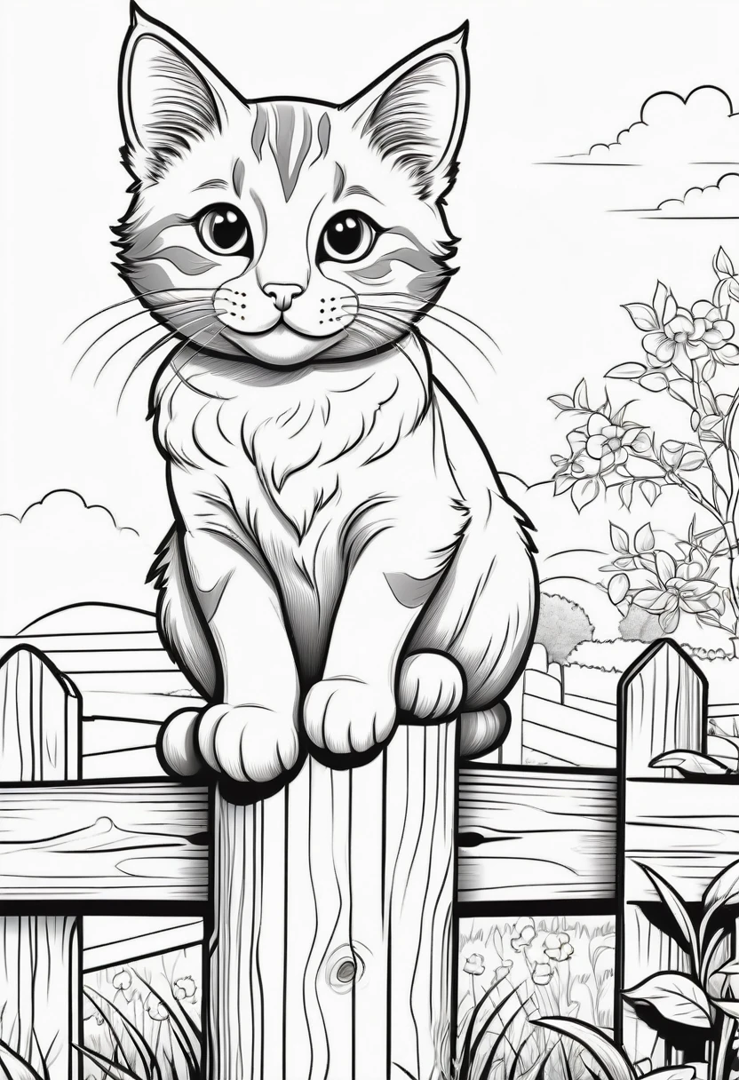 coloring page for kids, Farm cat sitting on a fence post, cartoon style, thick lines