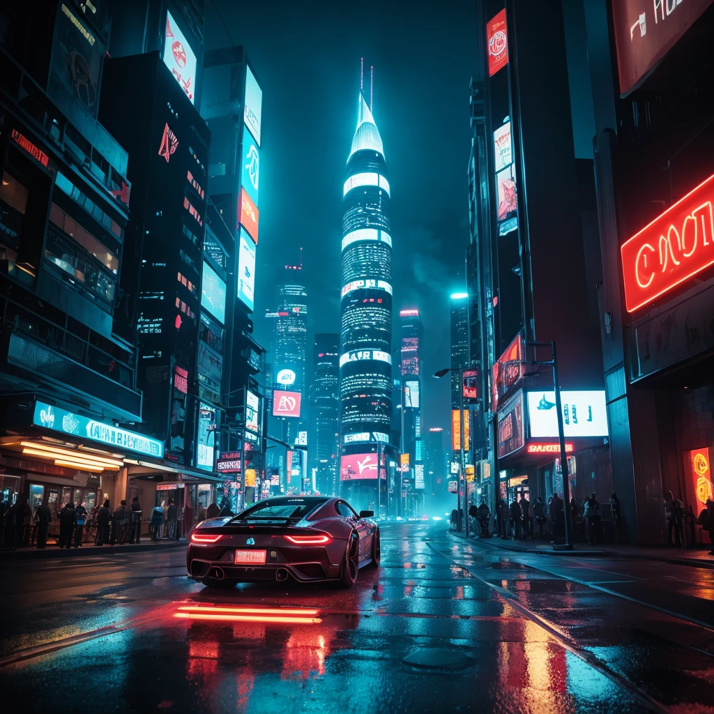 "Cover of the track drift phonk depicting a fast sports car drifting around a bend. The background is a futuristic city at night with neon lights and tall skyscrapers. There are reflections of lights on the street and smoke rising from under the wheels. The art style should be dynamic and neon, with intense colors and contrasts, conveying the energy and atmosphere of night driving. A slightly dystopian, cyberpunk atmosphere"