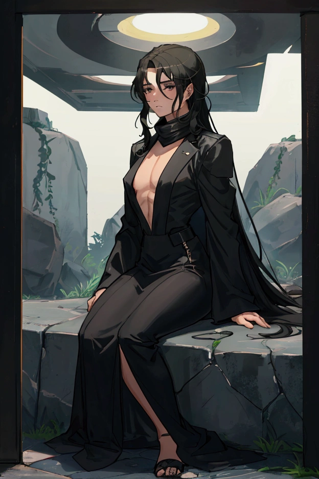 A age boy with long black hair is lying unconscious on the stone floor, everything is shrouded in fog.The guy opens his eyes a little
