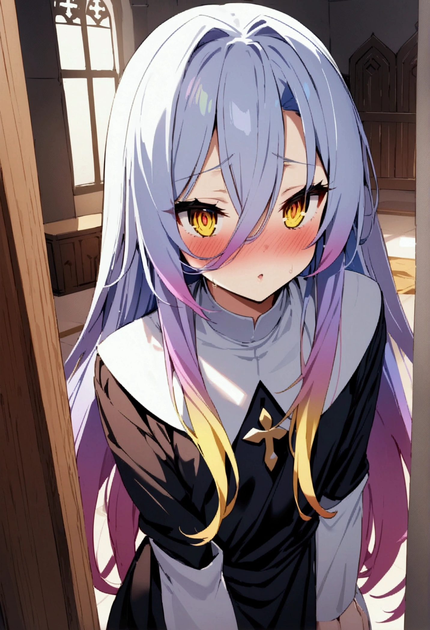 NSFW,masterpiece,Highest quality,High resolution,Very detailed,white\(no game No life\),Long Hair,Multicolored Hair,Hair between the eyes,Gradient Hair,Yellow Eyes,Flat Chest,blush,(Nuns),(Monastic uniform),(Sister),church,Confession Room,Small private room