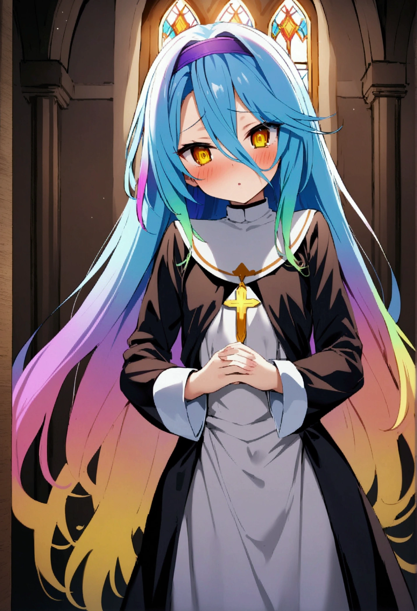NSFW,masterpiece,Highest quality,High resolution,Very detailed,white\(no game No life\),Long Hair,Multicolored Hair,Hair between the eyes,Gradient Hair,Yellow Eyes,Flat Chest,blush,(Nuns),(Monastic uniform),(Sister),church,Confession Room,Small private room