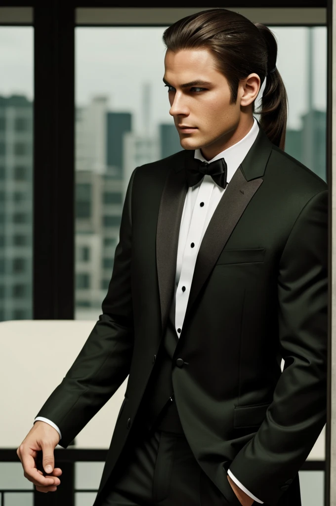 Anime, man, brown hair, green eyes, man ponytail, black formal suit, mafia