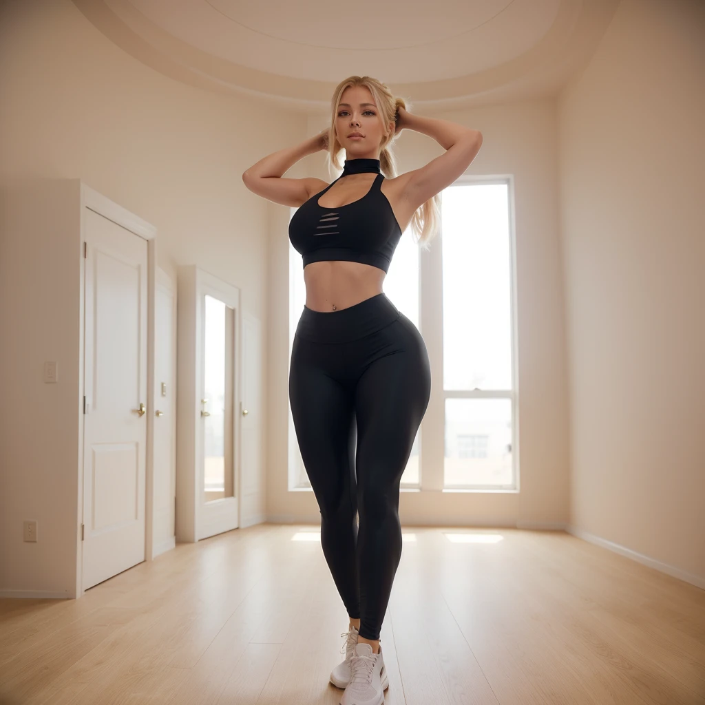 "Describe a beautiful blonde woman, Measuring 1,70m high, with an hourglass-shaped silhouette, wearing gym clothes."
She walks into the gym with confidence, wearing a set of top and leggings that hug your curves in an hourglass shape. The top is tight, highlighting your sculpted shoulders and defining your slim waist. The leggings are made from a stretchy fabric that perfectly fits your sculpted legs., highlighting your elegant figure. Her blonde hair is tied in a high ponytail., revealing a softly contoured face, with a determined smile as she prepares for her workout, ((fully body pose))