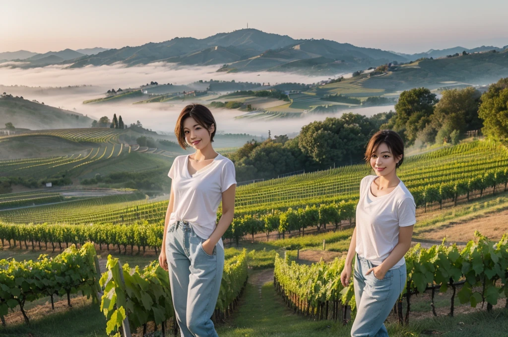 8k best picture quality, Beautiful 36-year-old Korean woman, northern italy countryside dawn, View of the cathedral next to the vineyards, The back background is realistic and vivid quality., short medium hair, A luxury brand white T-shirt that covers the chest and a high-quality short cardigan., Wear casual pants, Smile slightly. the background is clear, looking up at the front camera. Standing on a hill on a trail and looking at a foggy vineyard, Dress modestly, There is a thick fog in the early morning., Well-groomed hair, Wide angle lens full body shot