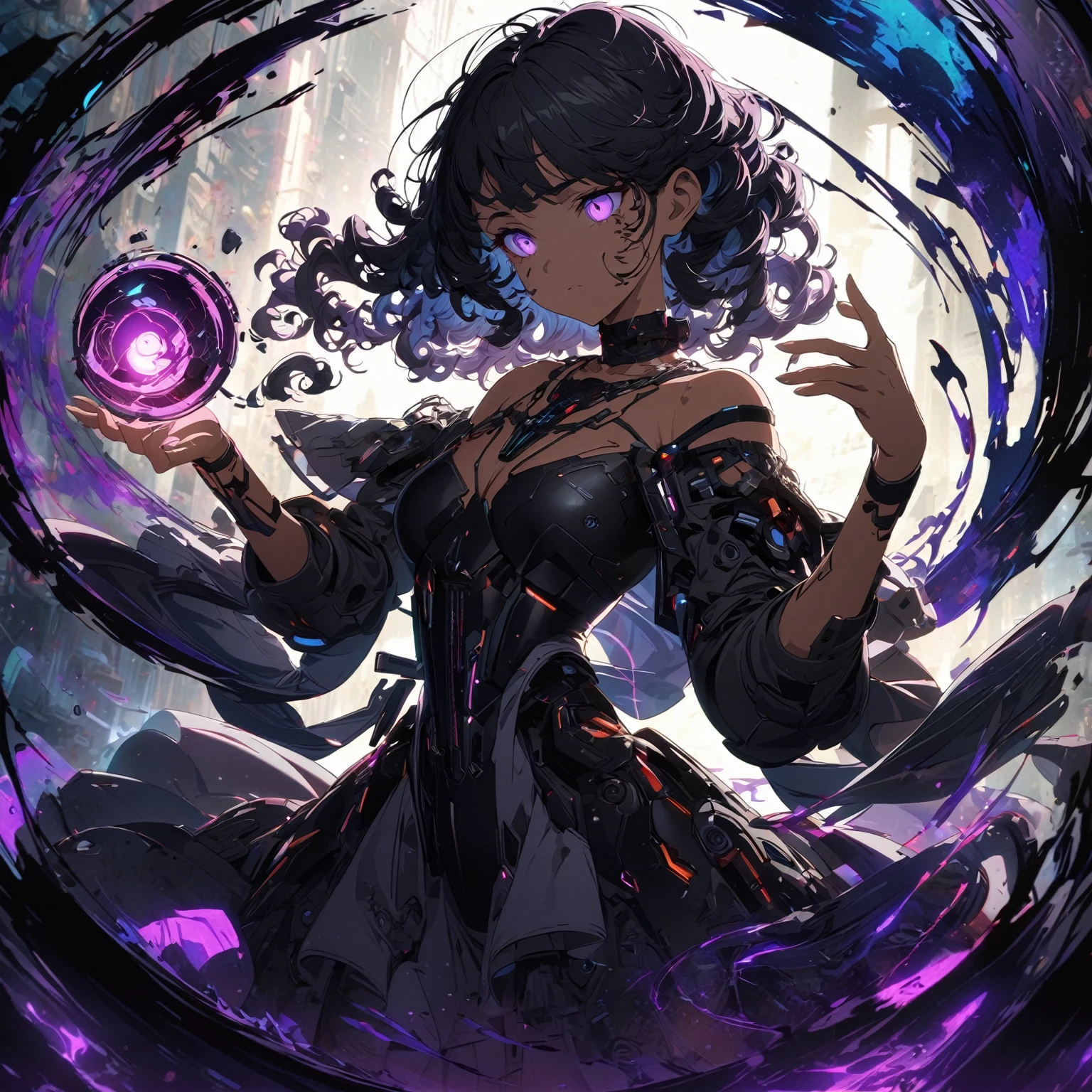 A young woman with dark, curly hair, wearing a black, off-shoulder dress with lace and intricate details, (nude:0.9), a choker necklace, elements of cyberpunk, and sci-fi fashion, mechanical details, futuristic outfit, high-tech fashion, standing in a mysterious environment with a glowing, swirling purple and black aura, holding a glowing purple orb in her left hand, with energy swirling around her, casting dramatic shadows, and a soft backlight illuminating her figure, detailed gorgeous face| anime style| key visual| intricate detail| highly detailed| breathtaking| vibrant| panoramic| cinematic| Carne Griffiths| Conrad Roset| gibbli 8k