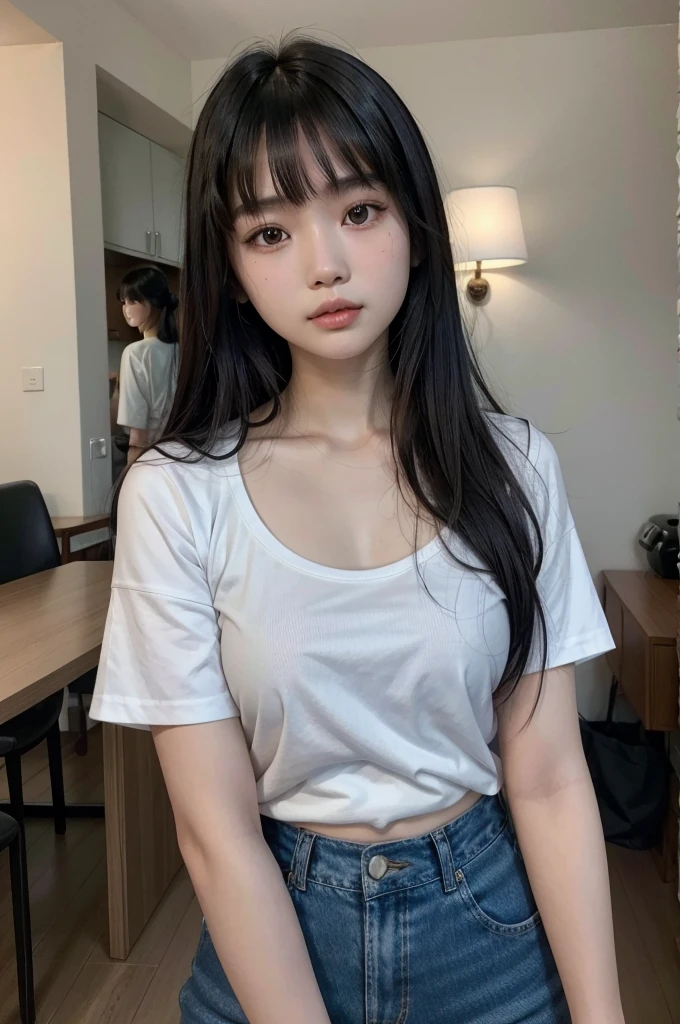 arafed asian woman with a white shirt and blue shorts, lalisa manobal, 18 years old, young cute wan asian face, with bangs, gemma chan beautiful girl, 1 8 yo, gorgeous chinese model, gorgeous young korean woman, beautiful asian girl, ayami koj ima, instagram model, neat hair with bangs, young asian girl