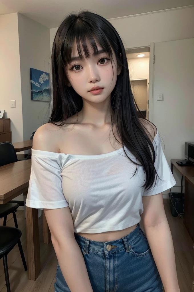 arafed asian woman with a white shirt and blue shorts, lalisa manobal, 18 years old, young cute wan asian face, with bangs, gemma chan beautiful girl, 1 8 yo, gorgeous chinese model, gorgeous young korean woman, beautiful asian girl, ayami koj ima, instagram model, neat hair with bangs, young asian girl