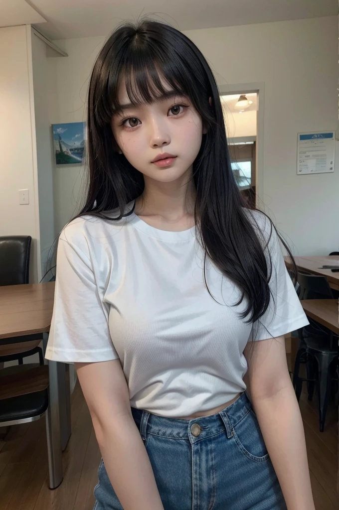 arafed asian woman with a white shirt and blue shorts, lalisa manobal, 18 years old, young cute wan asian face, with bangs, gemma chan beautiful girl, 1 8 yo, gorgeous chinese model, gorgeous young korean woman, beautiful asian girl, ayami koj ima, instagram model, neat hair with bangs, young asian girl