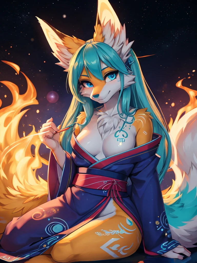 Miku Hatsune, Water&white, High Definition, kitsune ears, golden tattoo, tribal tattoo, mediolateral view sitting with legs closed, flirtatious look, deep blue eyes, magical aura, space kitsune, mystical aura, mystical aura, long fluffy tail, enhanced eyes add_detail:1, space fox, kimono Galaxy, wrapped in flames