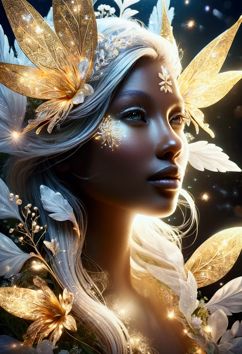 Tinkerbell made of gold_delicate eyes,nose,mouth beautiful face:1.2, Flowers and plants of various colors made of light, Ultrafine particles shining in the air_Tinkerbell center close-up angle, natural light, Luminous mystical background, ultra high resolution, 8k, Very detailed details, Product detailed image, surreal photo, the greatest masterpiece:1.2, Glowing white smoke spreading in the air, aura,