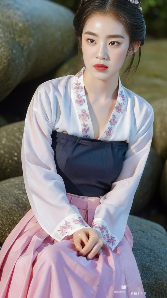 ((top quality, 8k, masterpiece: 1.3)), beauty. hidden face. body slim thin seductive. ((Queen's Mother. Korean royal empress)), very detailed lips, detailed eyes, double eyelid, face with makeup. lipstick. hair accessories, hair bun.
((Wet hanbok)),
long legs_whole body. sit down. on the rocks. at the edge of the waterfall