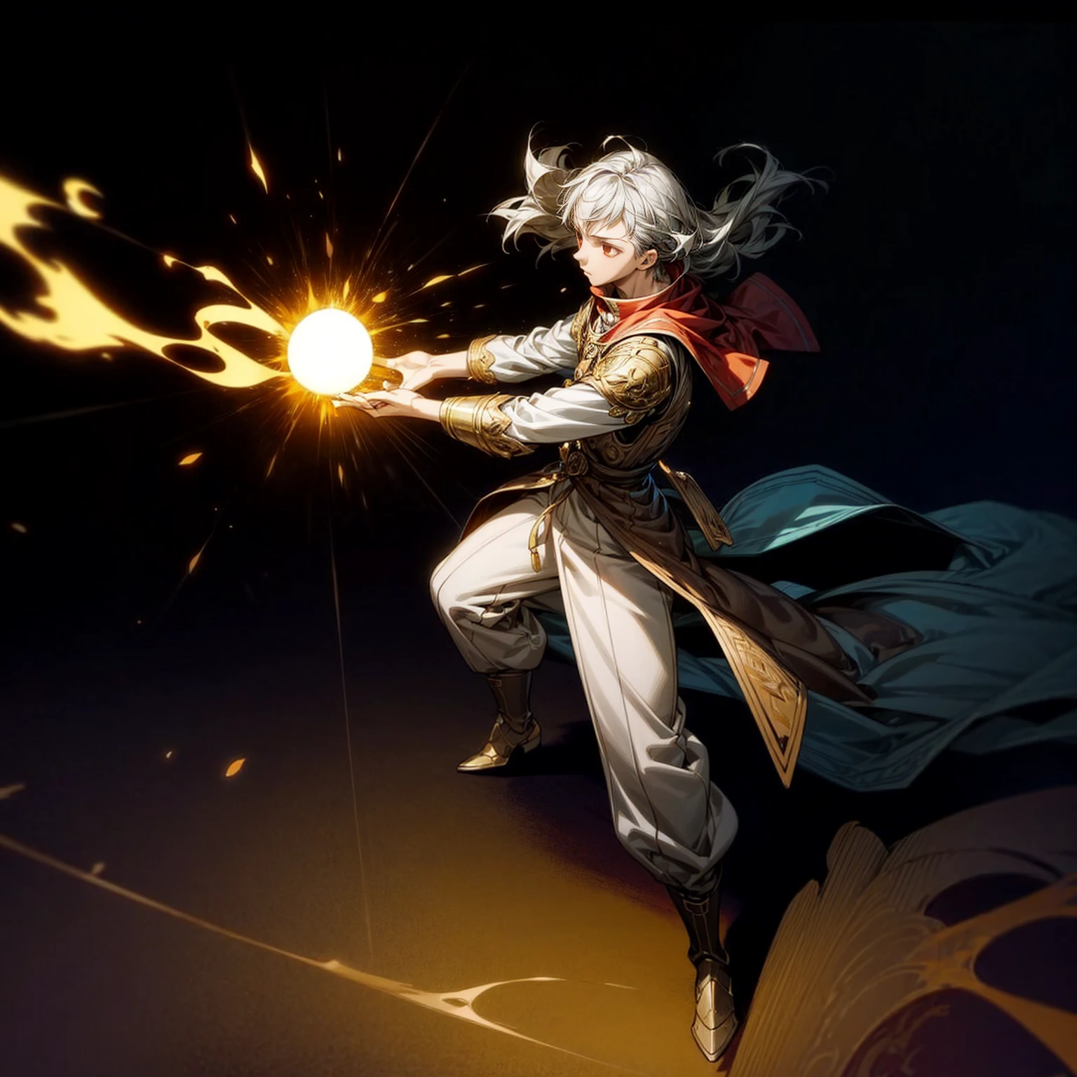 1boy, Full body version, 1character, red eyes, long haircut, silver colour hair, Ancient Roman clothing, Grassroots, full background in square Castleford, motion blur, lighting, (one piece art), standing gesture, boots, long pants, gold armors, 3ball fire, bigger ball flame on hand, smoke effect, Fire effect on background, plasma effect, blood on face, high angle view 