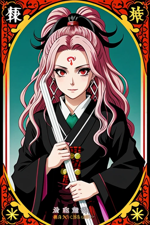 make me demon cards with the anime style of kimetsu no yaiba woman with extravagant hair with strange hair colors