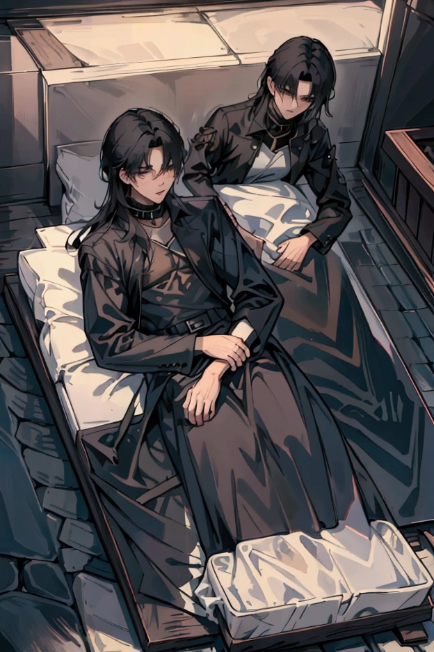 A age boy with long black hair is lying unconscious on the stone floor, everything is shrouded in fog.The guy opens his eyes a little