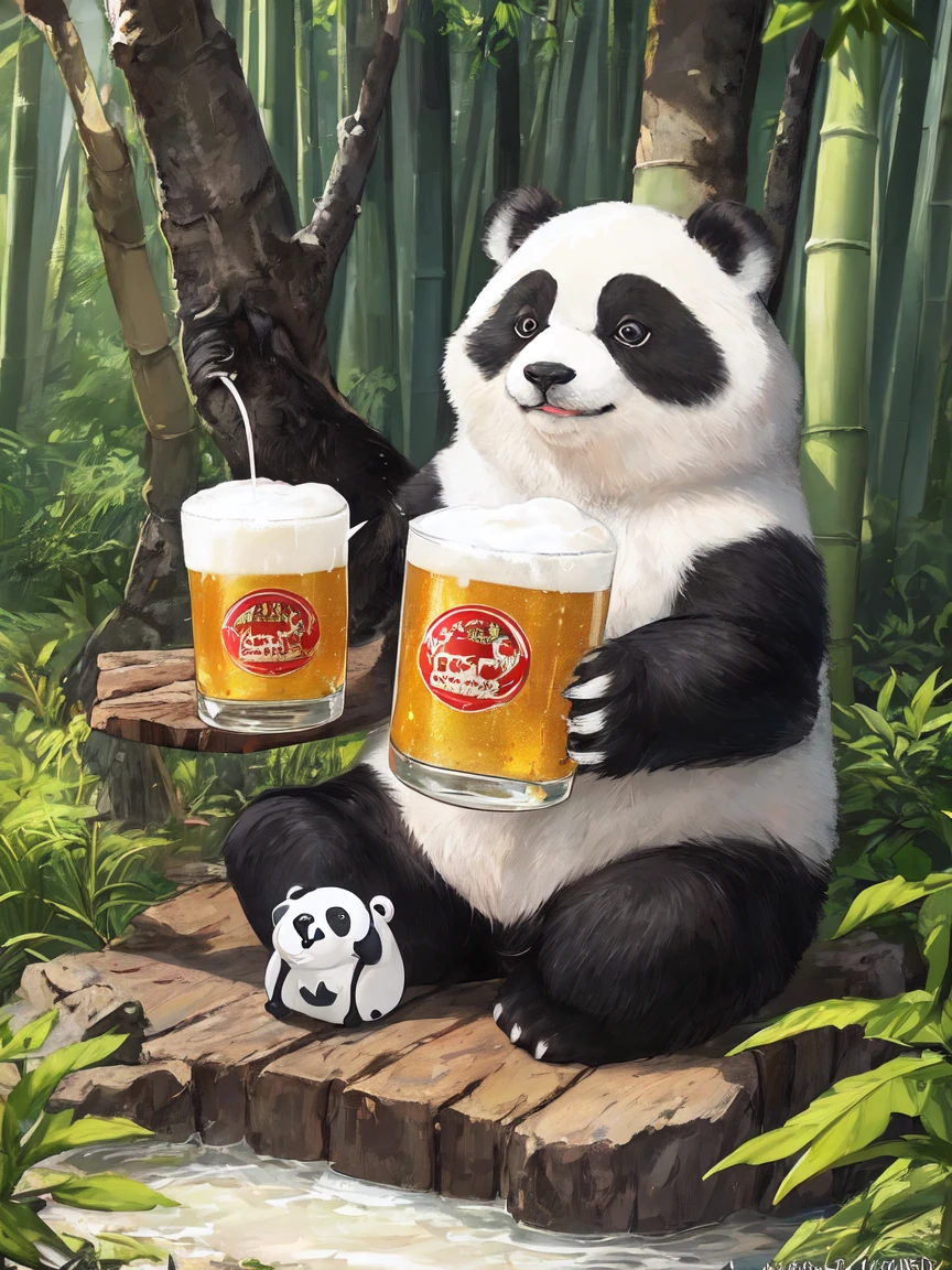 artstation, ((Photorealistic)), 
one large panda at the middle of screen behind a mug of frozen beer, the panda's front paws are holding the mug of beer, the panda is sitting on a big rock, (a cardboard sign with text "cold beer on sale" is placed on the rock in front of the mug of beer), the photo is taken at noon, outdoors in a bamboo forest, 
Ultra realistic HD 8K Quality, SFW