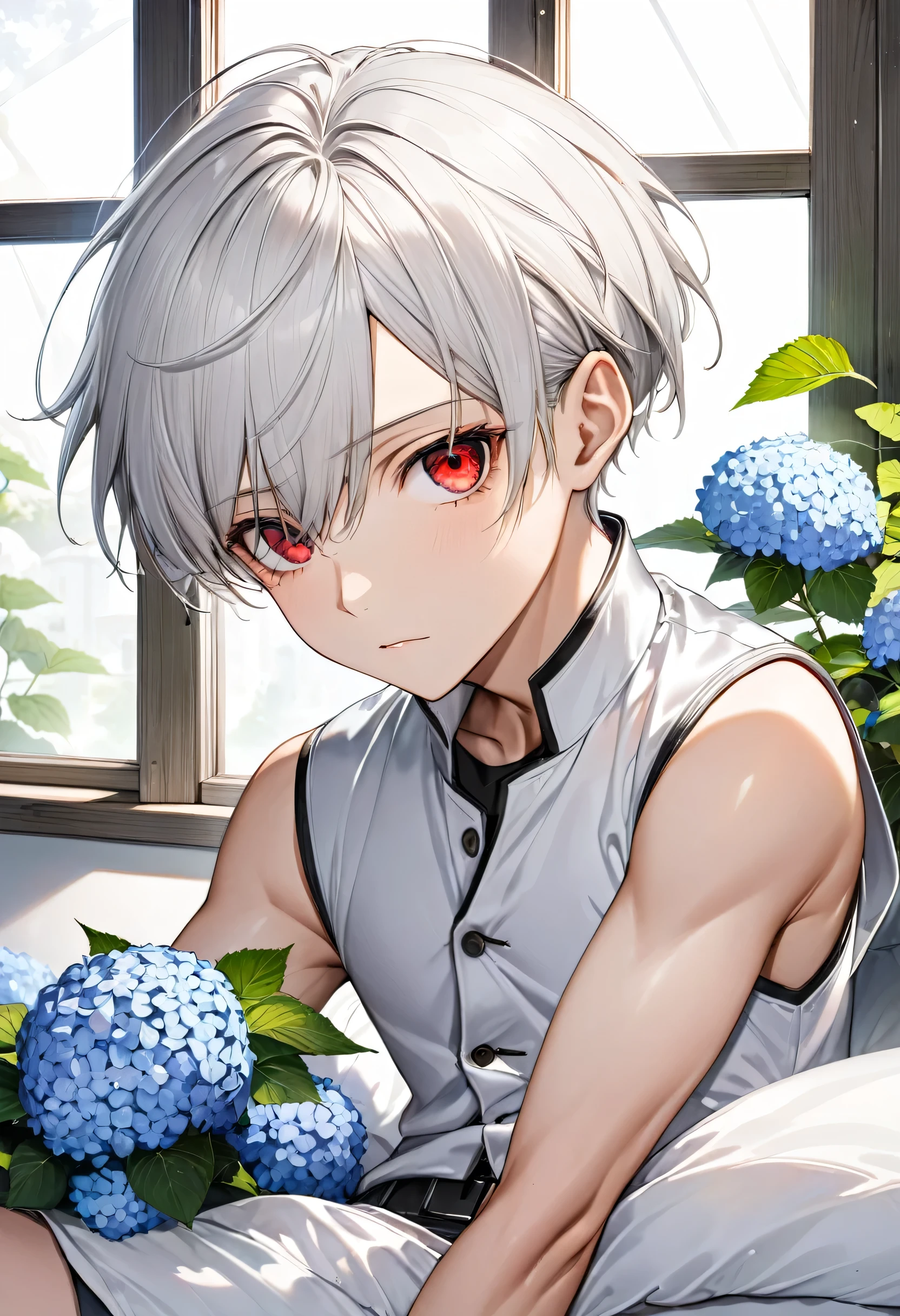 (Close-up face) (No.16, Single flat head silver hair super short hair sword fighter boy, Detailed Cool Red Eye, Serious face, flat chest), (Wearing a vest, Hot Pants), rest, (In a simple bedroom, Background through the window, There is a cluster of hydrangeas outside), rest, Perfect anatomical structure, masterpiece, best quality, 16K, Beautiful detailed growth, Daydreaming expression.