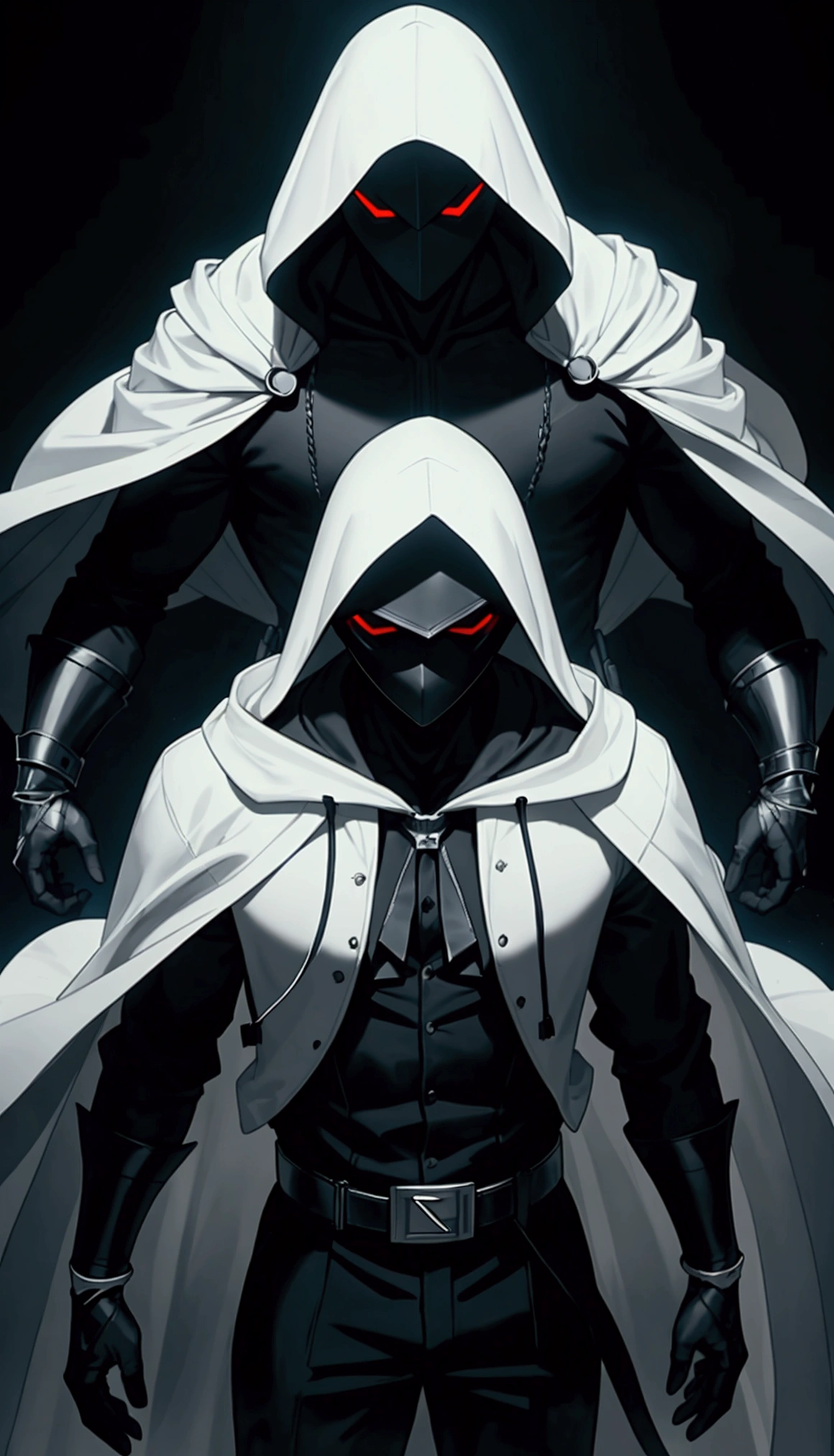 In a frontal pose, a mysterious man stands against a dark and mysterious background. His white hood and mask give him an air of secrecy., while your headphones suggest the music that keeps you company in this dark world. INFO