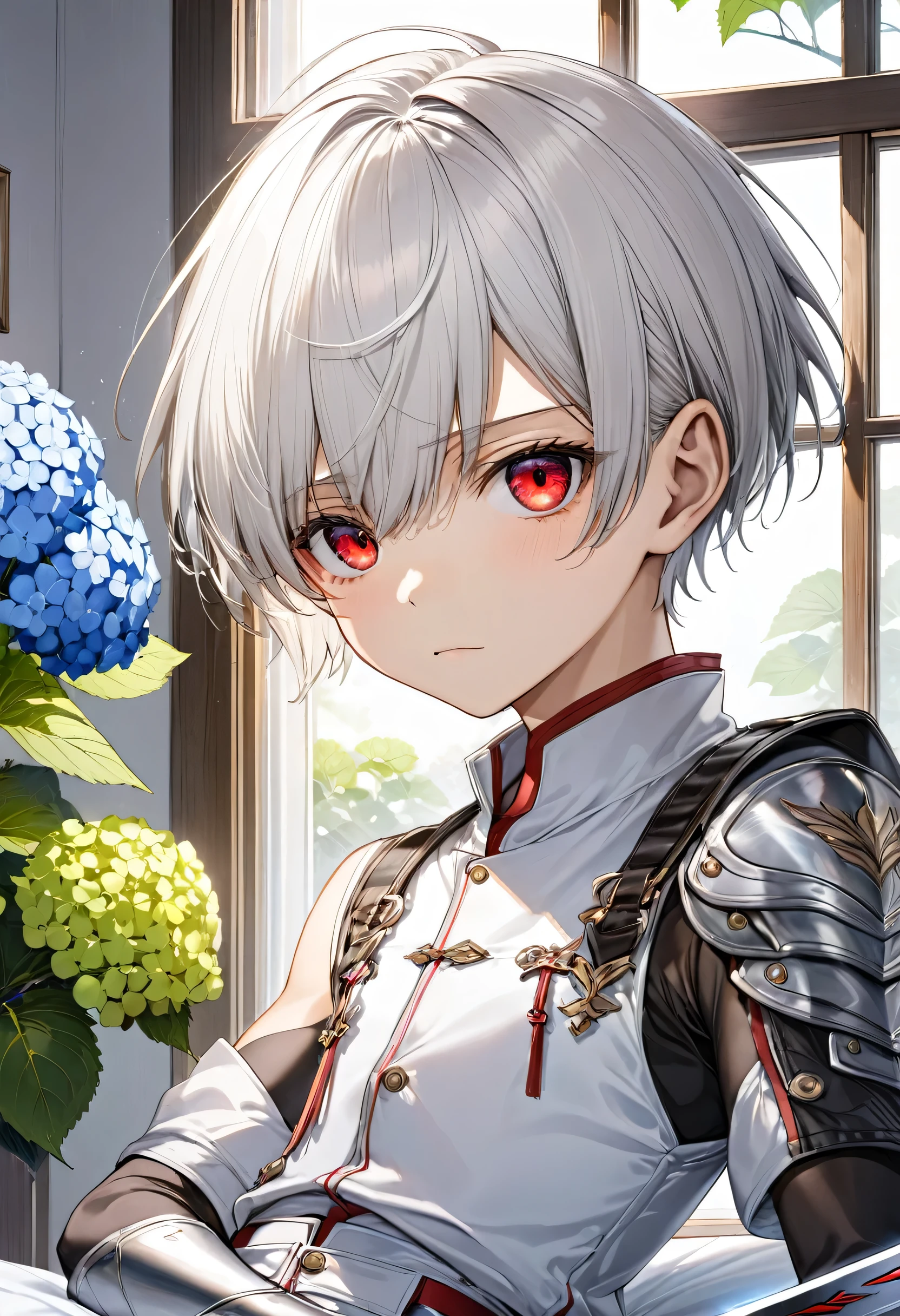 (Close-up face) (No., Single flat head silver hair super short hair sword fighter boy, Detailed Cool Red Eye, Serious face, flat chest), (Wearing a vest, Hot Pants), rest, (In a simple bedroom, Background through the window, There is a cluster of hydrangeas outside), rest, Perfect anatomical structure, masterpiece, best quality, 16K, Beautiful detailed growth, Daydreaming expression.