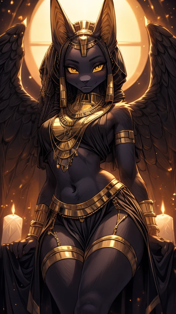 Masterpiece Best quality, the best definition to add aesthetic and lighting details Black girl jackal, egiptian clothes, teen girl, ,black body, ( the best definition in the body, good attributes, styled body, slanted eyes, sensual look) egipt landscape, golden tattoo body, sensual eyes, yellow pupil, he has 2 daggers in his hands, egyptian sorceress