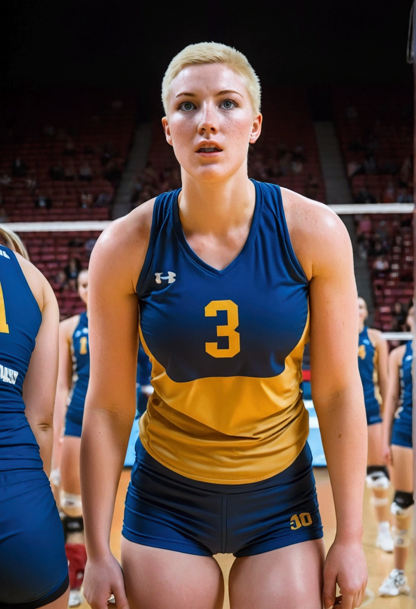 Muscular female college volleyball player with large breast and a large butt, blue eyes, pale skin, freckles and a nose piercing with a buzz cut standing on the court with her teammates