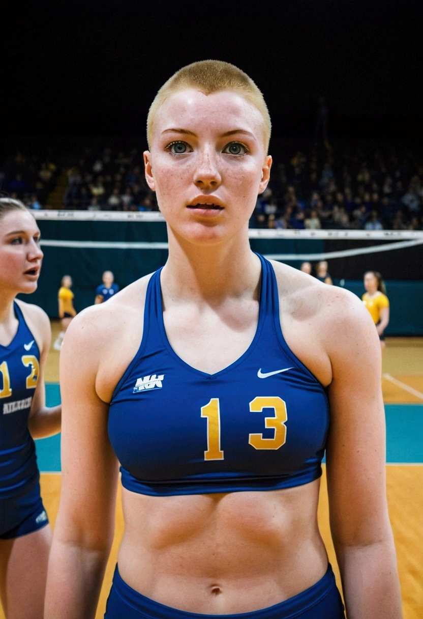 Muscular female college volleyball player with large breast and a large butt, blue eyes, pale skin, freckles and a nose piercing with a buzz cut standing on the court with her teammates