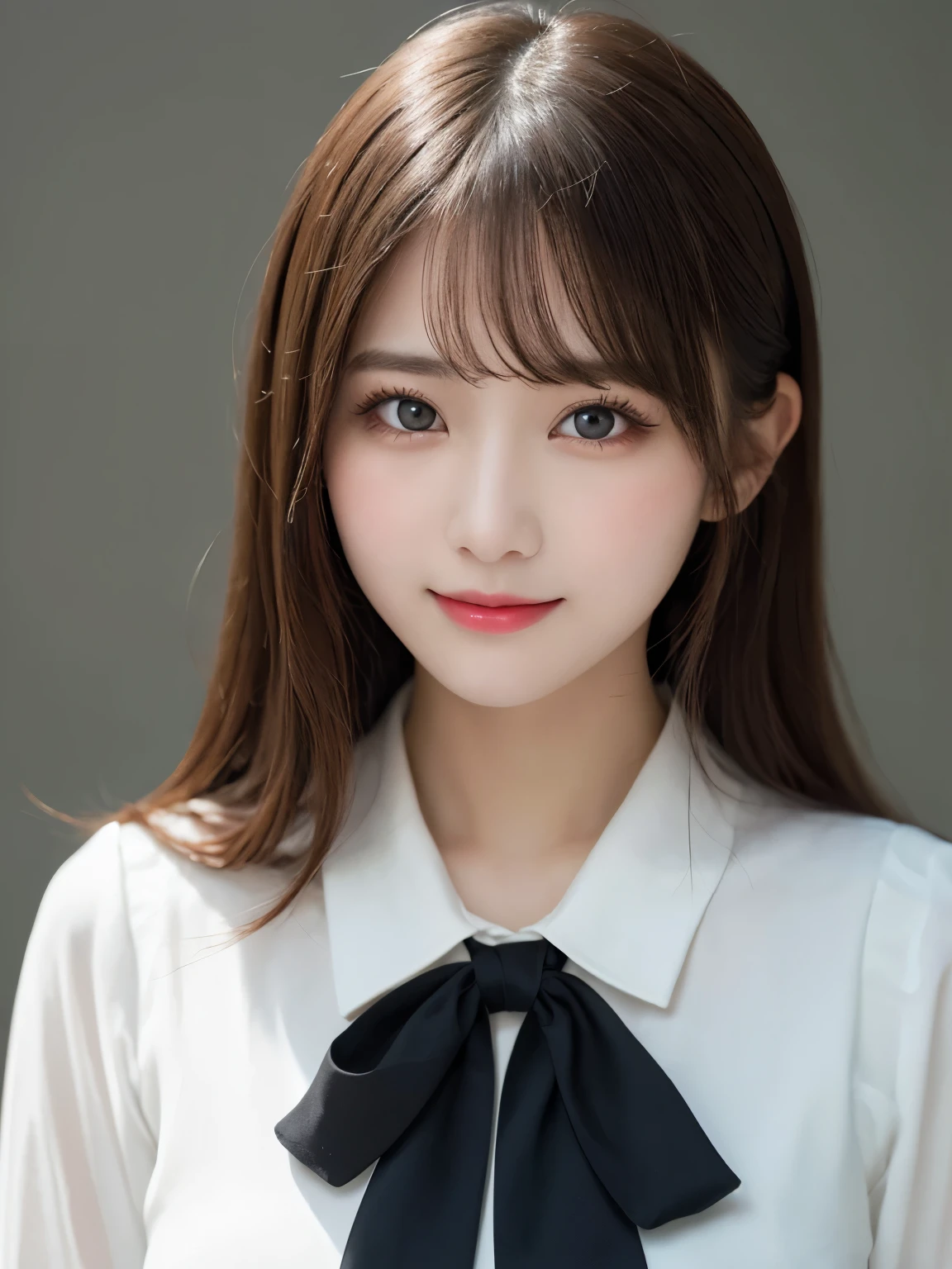 bust up photo, Shows everything from the top of the head to the bust, looks happy, highest quality, shape, Super detailed, finely, High resolution, 8k wallpaper, Perfect dynamic shape, beautiful and detailed eyes, D cup, natural color lip,smile、20 year old girl, Beautiful and dense face、perfect and beautiful face,Big eyes、real photos(best image quality), blouse (black)、looking at camera、Please stand、Do gal makeup, white background