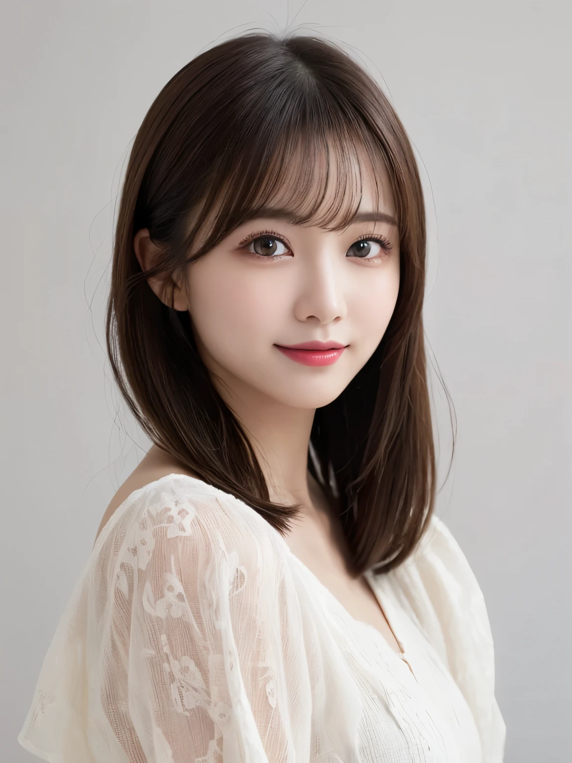 bust up photo, Shows everything from the top of the head to the bust, looks happy, highest quality, shape, Super detailed, finely, High resolution, 8k wallpaper, Perfect dynamic shape, beautiful and detailed eyes, D cup, natural color lip,smile、20 year old girl, Beautiful and dense face、perfect and beautiful face,Big eyes、real photos(best image quality), blouse (black)、looking at camera、Please stand、Do gal makeup, white background