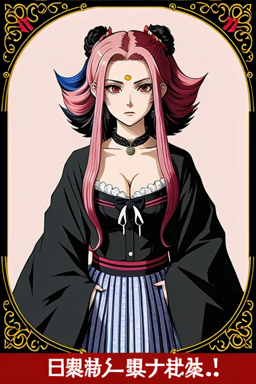make me demon cards with the anime style of kimetsu no yaiba woman with extravagant hair with strange hair colors