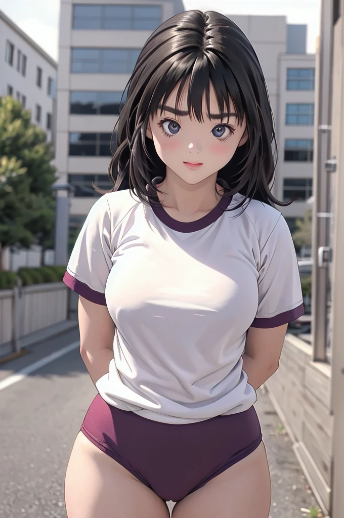 masterpiece, best quality, highres,Young and very cute****************,Sexy pose,Unusually beautiful and large eyes,Thick eyelashes,Thick eyebrows,A well-balanced and toned body,yoshizuki_iori, buruma,gym uniform, standing, cowboy shot, outdoors,