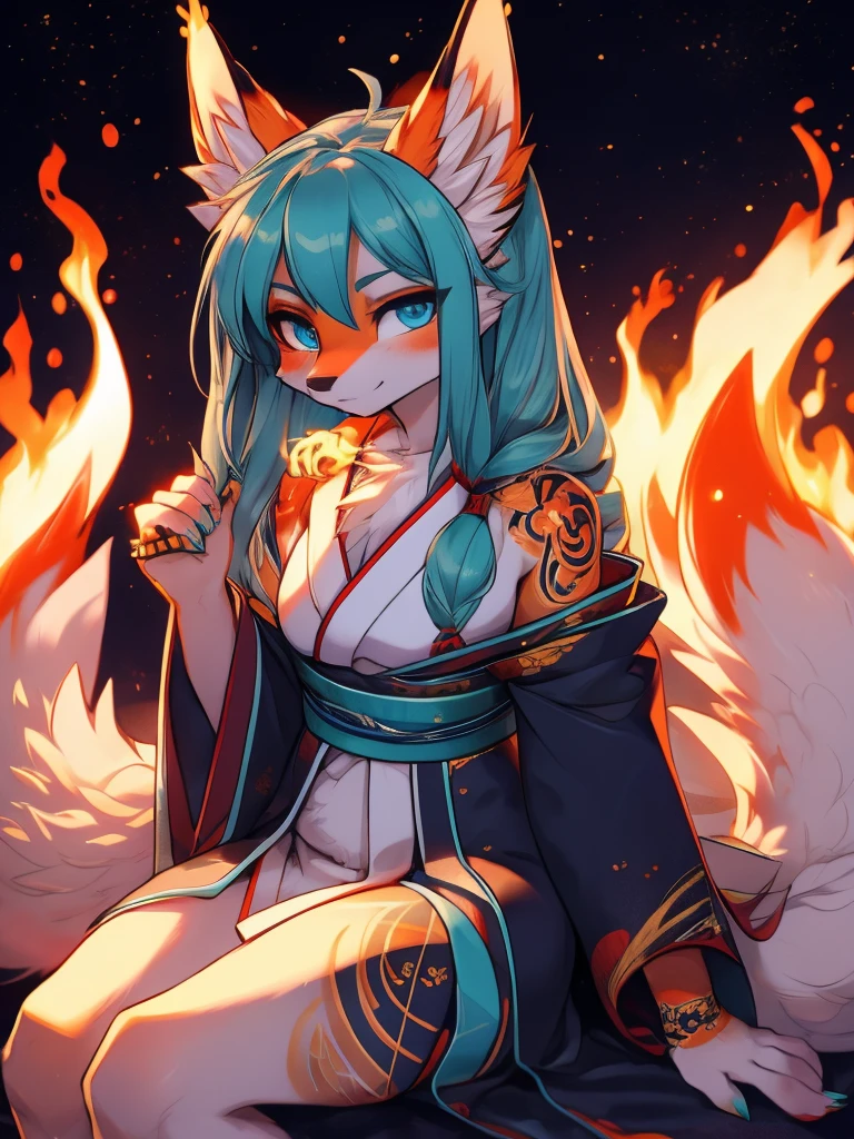 Miku Hatsune, Water&white, High Definition, kitsune ears, golden tattoo, tribal tattoo, mediolateral view sitting with legs closed, flirtatious look, deep blue eyes, magical aura, space kitsune, mystical aura, mystical aura, long fluffy tail, enhanced eyes add_detail:1, space fox, red sakuras kimono, wrapped in flames