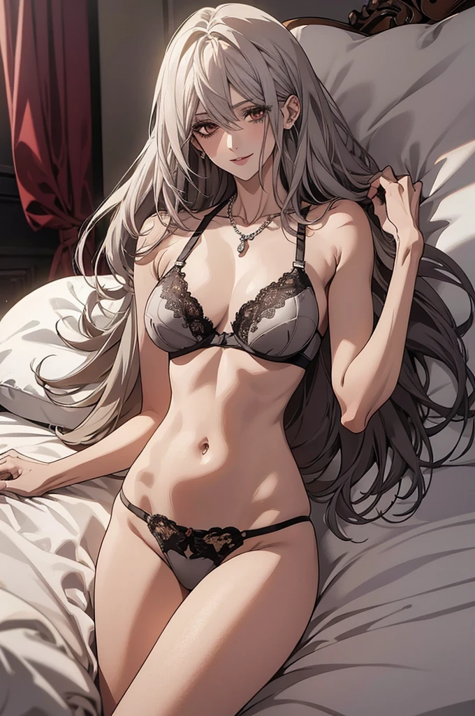 (Highest quality, High resolution, Very detailed), Silver Hair, Long Hair, Reddish brown eyes, lace thong bra, NUDE, Large Breasts, lie on own back, overhead shot, Large Breasts, Perfect Makeup, necklace, 24th generation, Beautiful woman, mature, quiet, Calm, A small smile, bed,