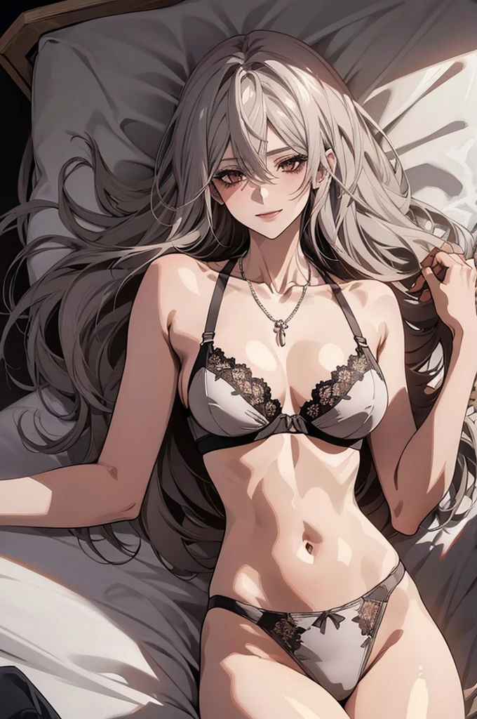 (Highest quality, High resolution, Very detailed), Silver Hair, Long Hair, Reddish brown eyes, lace thong bra, NUDE, Large Breasts, lie on own back, overhead shot, Large Breasts, Perfect Makeup, necklace, 24th generation, Beautiful woman, mature, quiet, Calm, A small smile, bed,
