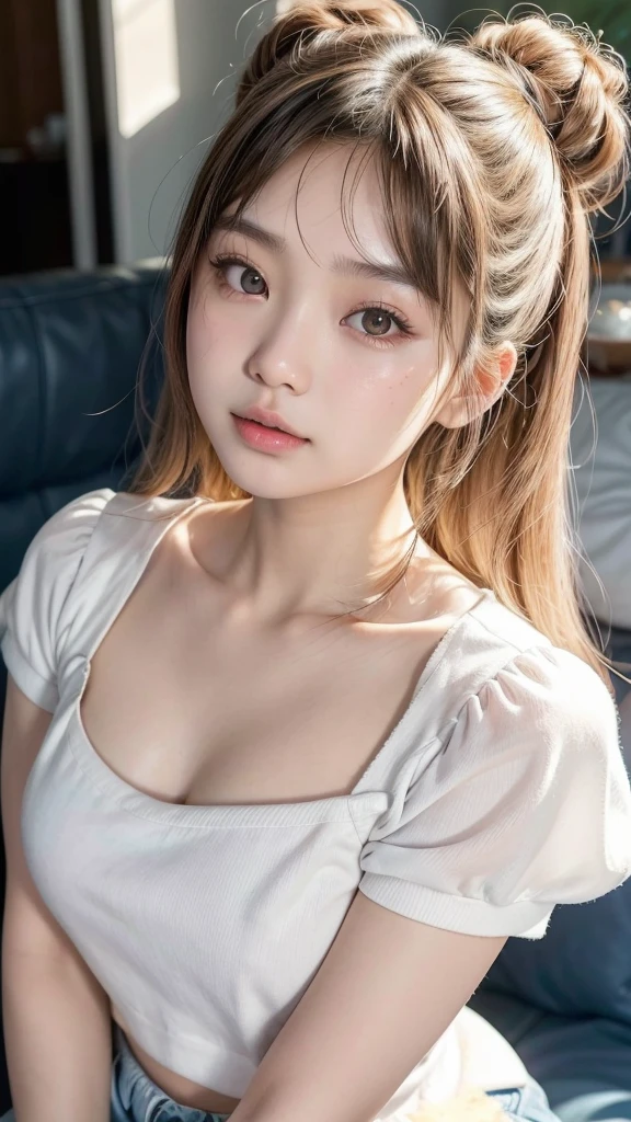 arafed asian woman with a white shirt and blue shorts, lalisa manobal, 18 years old, young cute wan asian face, with bangs, gemma chan beautiful girl, 1 8 yo, gorgeous chinese model, gorgeous young korean woman, beautiful asian girl, ayami koj ima, instagram model, neat hair with bangs, young asian girl