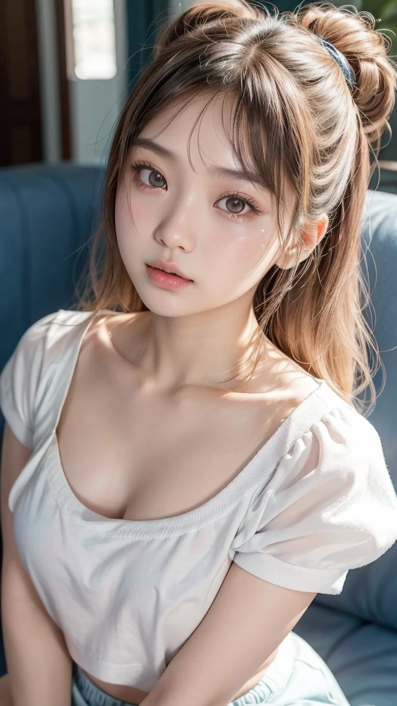 arafed asian woman with a white shirt and blue shorts, lalisa manobal, 18 years old, young cute wan asian face, with bangs, gemma chan beautiful girl, 1 8 yo, gorgeous chinese model, gorgeous young korean woman, beautiful asian girl, ayami koj ima, instagram model, neat hair with bangs, young asian girl