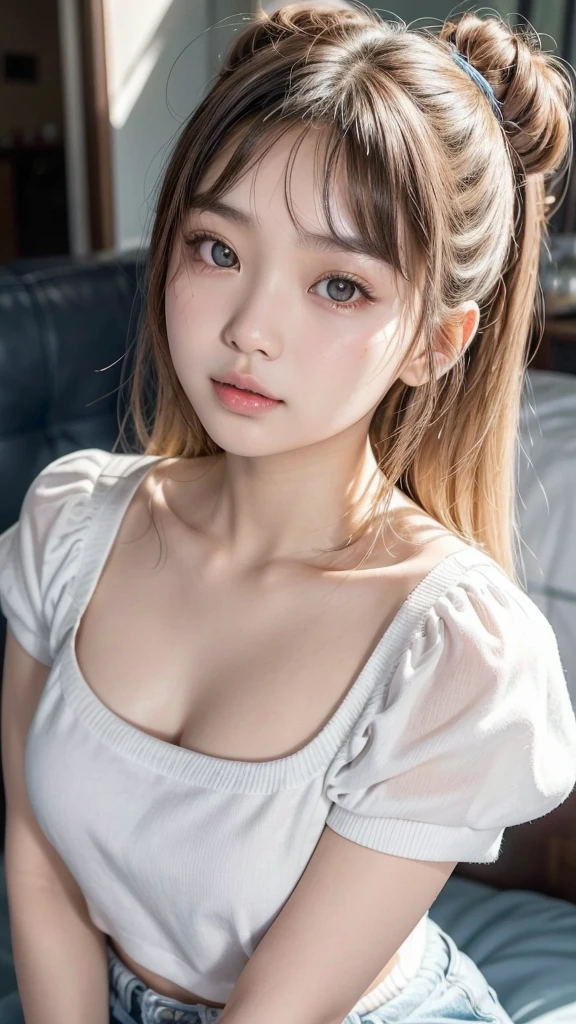 arafed asian woman with a white shirt and blue shorts, lalisa manobal, 18 years old, young cute wan asian face, with bangs, gemma chan beautiful girl, 1 8 yo, gorgeous chinese model, gorgeous young korean woman, beautiful asian girl, ayami koj ima, instagram model, neat hair with bangs, young asian girl