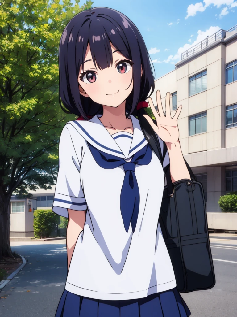 1girl, standing, (waving at the camera with left hand), (right hand on chest), (head tilt), smile, 15yo, 1girl, standing, gentle smile, 15yo, head tilt,
school building on the back,
4-story white school building, outdoor, tree on side, (low twintails girl), low pigtails, red ribbon on hair, very long black hair, white serafuku with blue ribbon, navy-blue collar, navy-blue skirt, (dark brown eye), 1 school bag on right shoulder, afternoon, summer, school, (from front:1.4), upper body, anime, high brightness, detailed face, detailed eyes, (high quality, ultra detailed, masterpiece, super detail, highres, anatomically correct, UDH), good hands, good fingers Japanese anime style, extremely cute, perfect hands