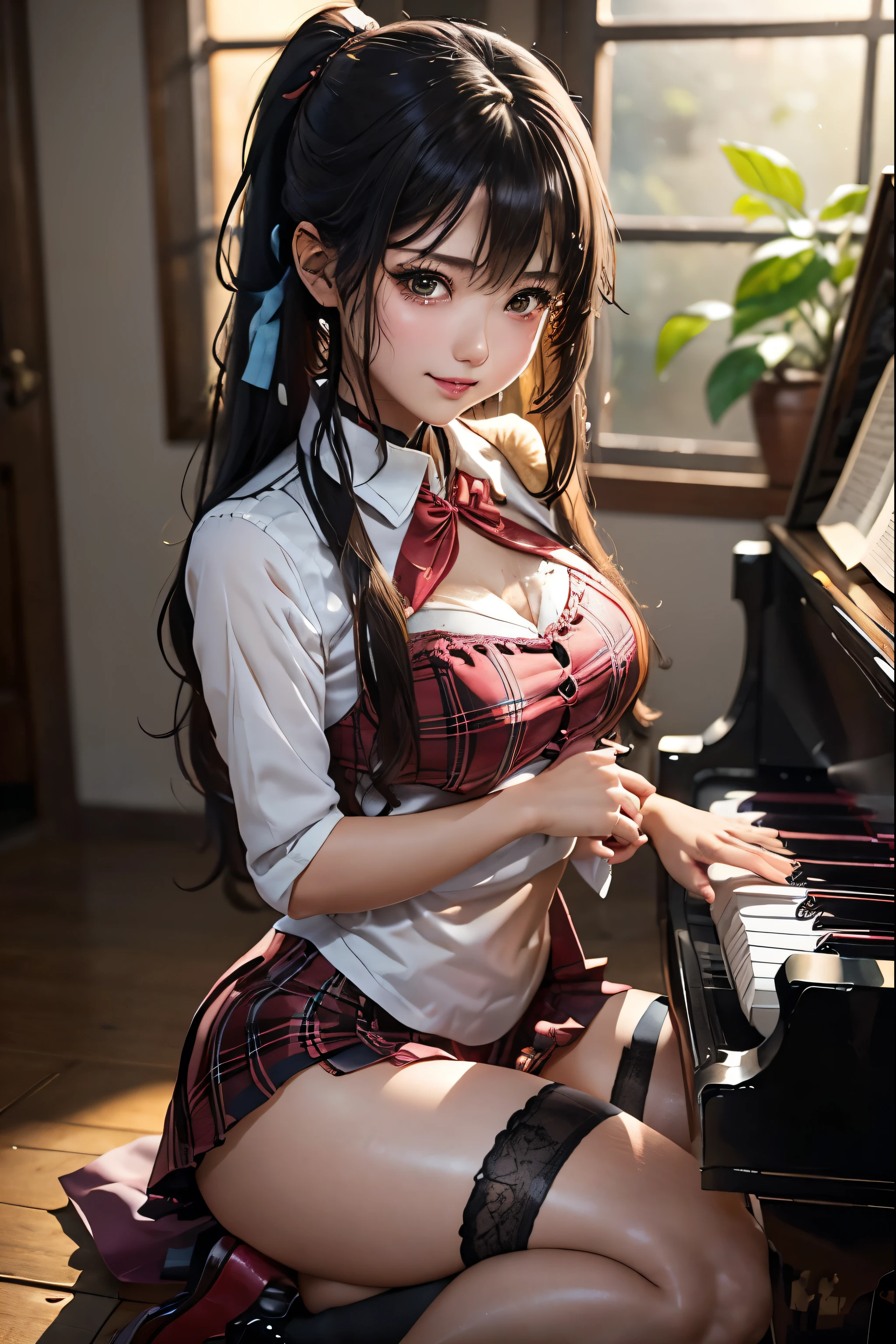 high school girlブレザー、high school girl、Red Check Skirt、JK Style、Jacket、smile、garter、Knee socks、stockings、even、Otherworldly beauty、Extraordinarily cute、boredom、unusual beauty、Double ponytail hair、Black dark eyeshadow、Sadness、Good skin glow、Long Hair Straight Hair、Dark Gothic Makeup、Dark smile、Beautiful woman、Stained Glass Background、On the table、Best Quality、5 reference books、Sweat glistens on my chest、Sweat glistens on my face、Thigh sweat、sweating、Black frills East size Regular size、Dark pink hair、Age 22 years old、Sweat sticks to my thighs、The thighs are a little thick、My thighs sweat a lot and get sticky.、Thighs are sticky and shiny、Sweating on thighs and chest、Chest size: S、Slightly slim、Full body sweating、play piano、sit and play an instrument、The legs are thin、