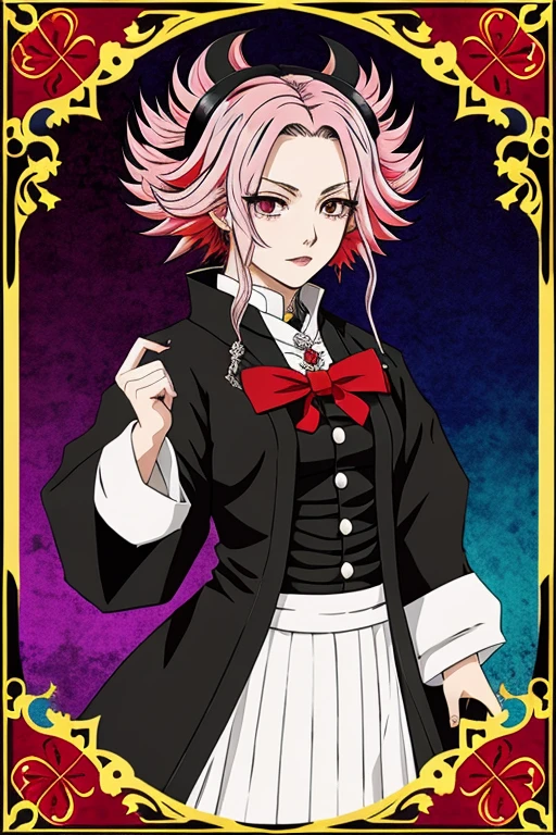 make me demon cards with the anime style of kimetsu no yaiba woman with extravagant hair with strange hair colors