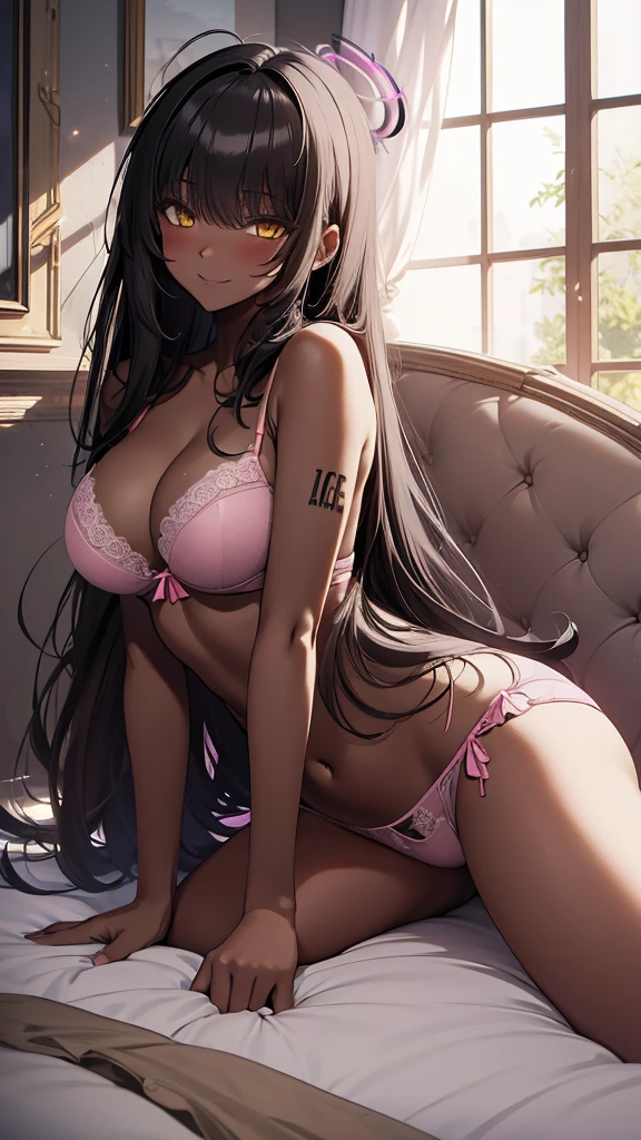 Masterpiece, best quality, long black hair, halo, bangs, yellow eyes, (( pink lingerie )), big tits, blushing, little smile, full body, lying down,  high res background, soft lighting