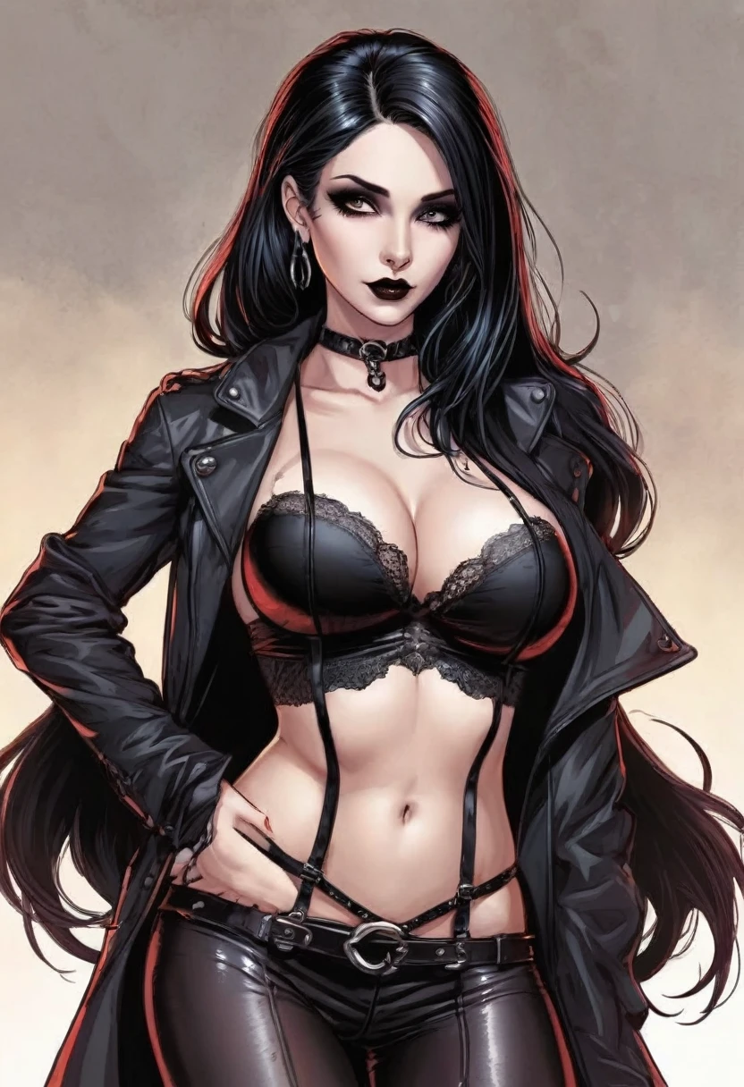 sexy goth girl, big breast, thin waist, stockings . graphic illustration, comic art, graphic novel art, vibrant, highly detailed