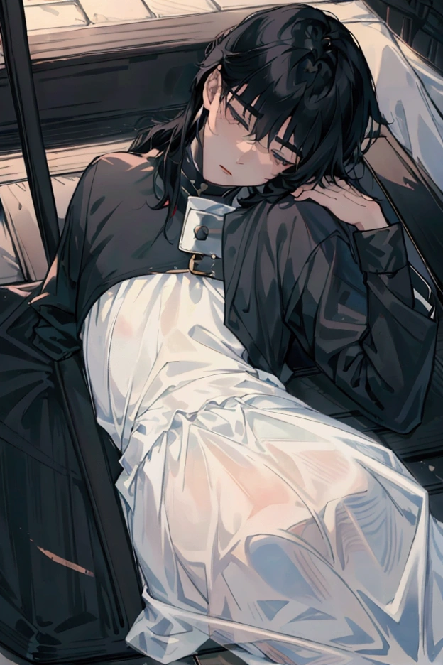 A teenage boy with long black hair is lying unconscious on the stone floor, everything is shrouded in fog.The guy opens his eyes a little
