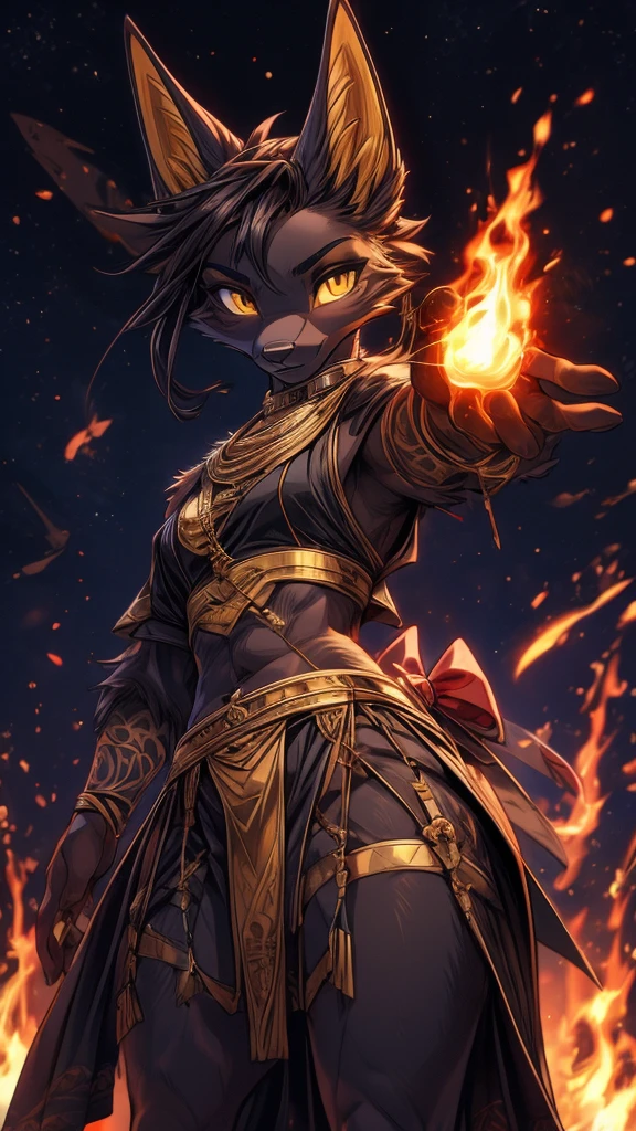 Masterpiece Best quality, the best definition to add aesthetic and lighting details Black girl jackal, egiptian clothes, teen girl, ,black body, ( the best definition in the body, good attributes, stylized body, slanted eyes, sensual look) egipt landscape, golden tattoo body, sensual eyes, yellow pupil, He has 2 kunai in his hands, battle pose, background fire add_detail , bow and arrows about to be shot 