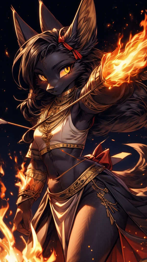 Masterpiece Best quality, the best definition to add aesthetic and lighting details Black girl jackal, egiptian clothes, teen girl, ,black body, ( the best definition in the body, good attributes, stylized body, slanted eyes, sensual look) egipt landscape, golden tattoo body, sensual eyes, yellow pupil, He has 2 kunai in his hands, battle pose, background fire add_detail , bow and arrows about to be shot 
