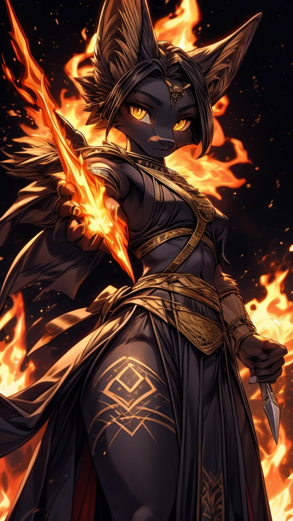 Masterpiece Best quality, the best definition to add aesthetic and lighting details Black girl jackal, egiptian clothes, teen girl, ,black body, ( the best definition in the body, good attributes, stylized body, slanted eyes, sensual look) egipt landscape, golden tattoo body, sensual eyes, yellow pupil, He has 2 kunai in his hands, battle pose, background fire add_detail , bow and arrows about to be shot