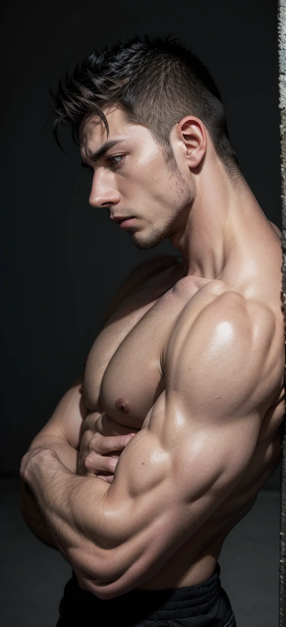 Muscular man with arms crossed side profile